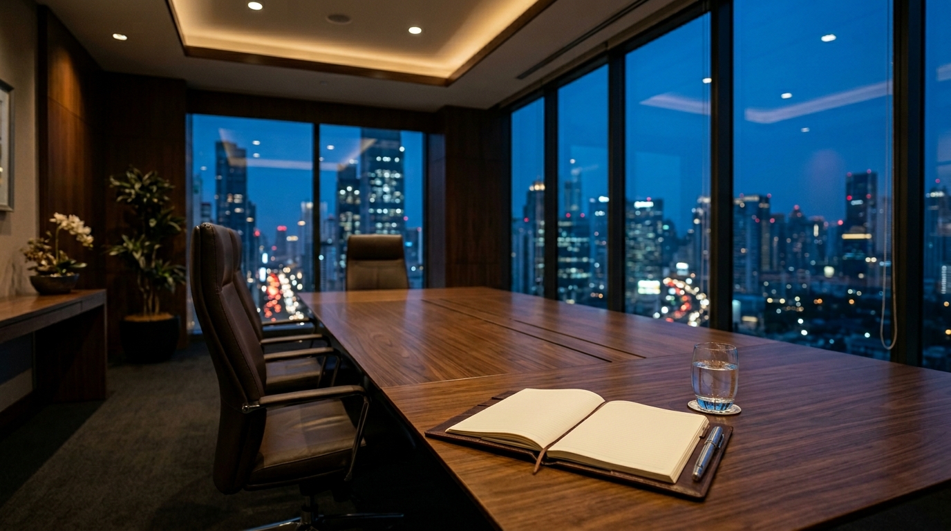 Executive boardroom at night overlooking city skyline